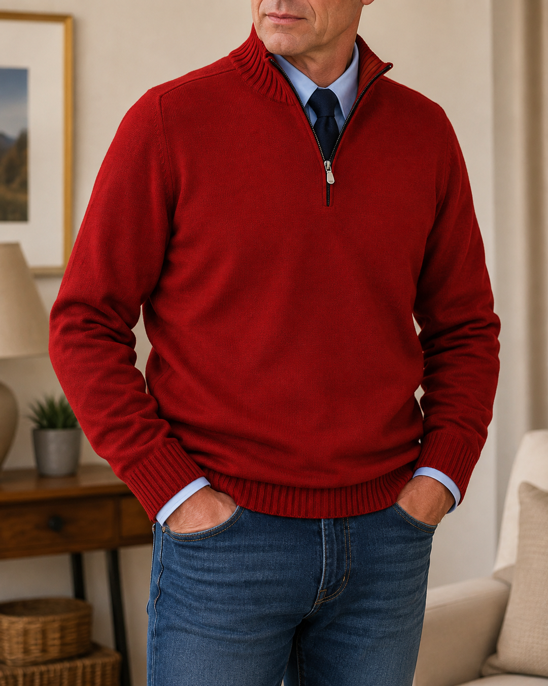 Bastian Herren Strickpullover mit Halbreißverschluss und Rippbündchen – Rot