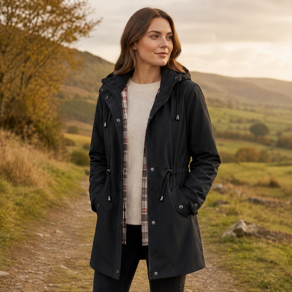 Brita Damen Parka mit abnehmbarer Kapuze, Karofutter und Tunnelzug