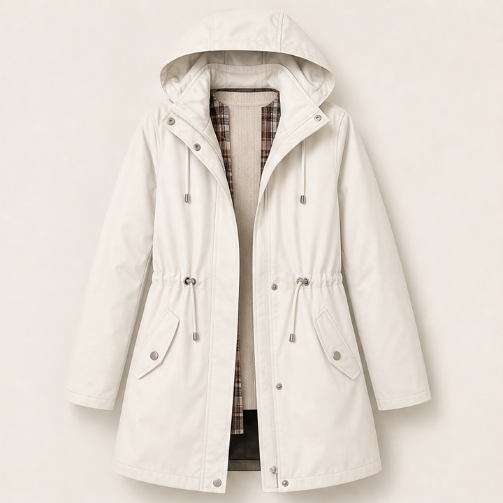 Brita Damen Parka mit abnehmbarer Kapuze, Karofutter und Tunnelzug – Beige