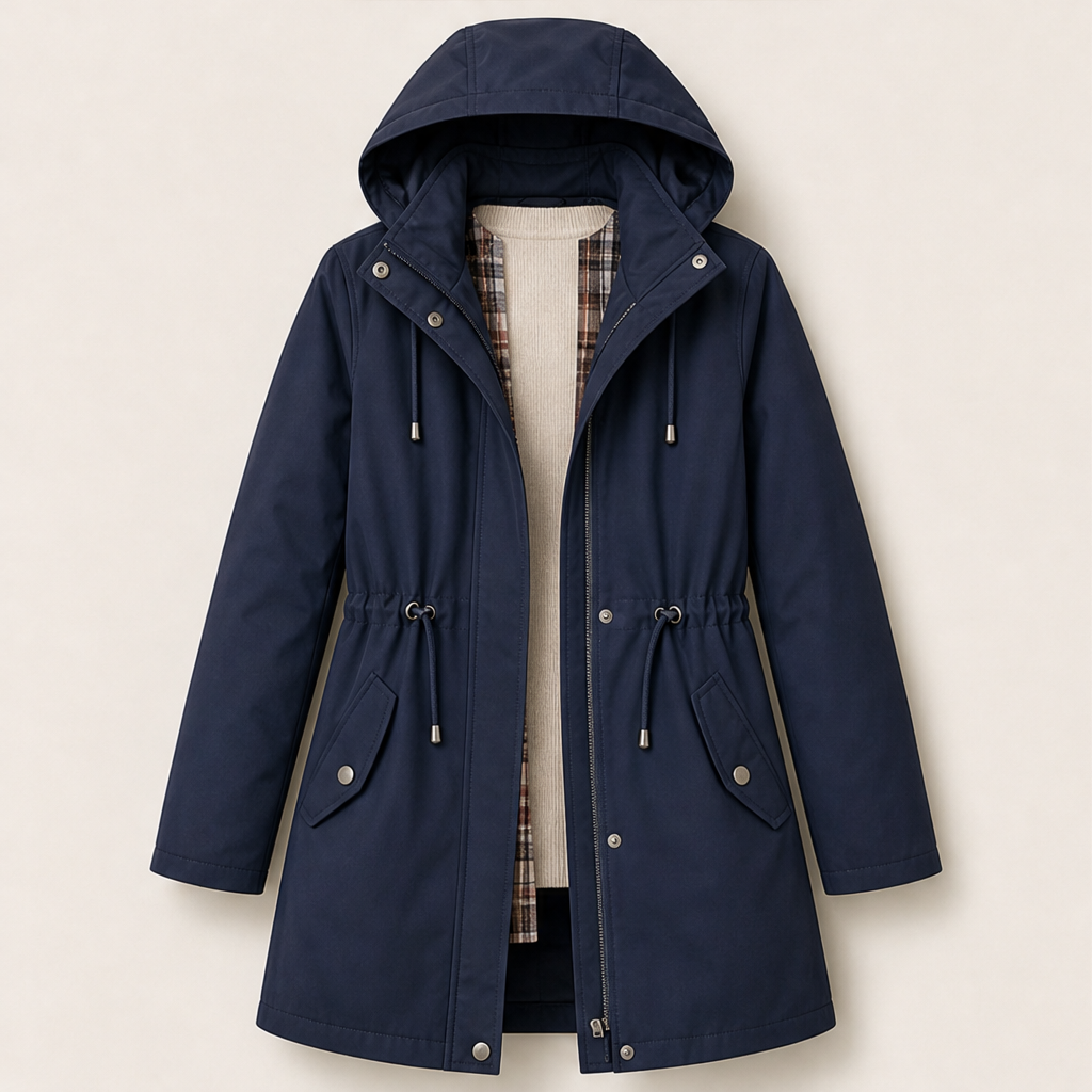 Brita Damen Parka mit abnehmbarer Kapuze, Karofutter und Tunnelzug – Marineblau