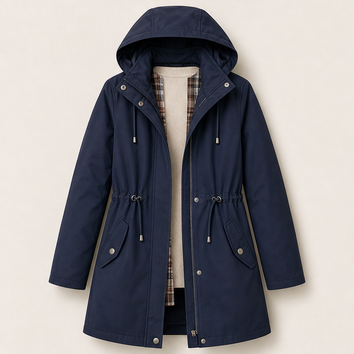 Brita Damen Parka mit abnehmbarer Kapuze, Karofutter und Tunnelzug – Marineblau