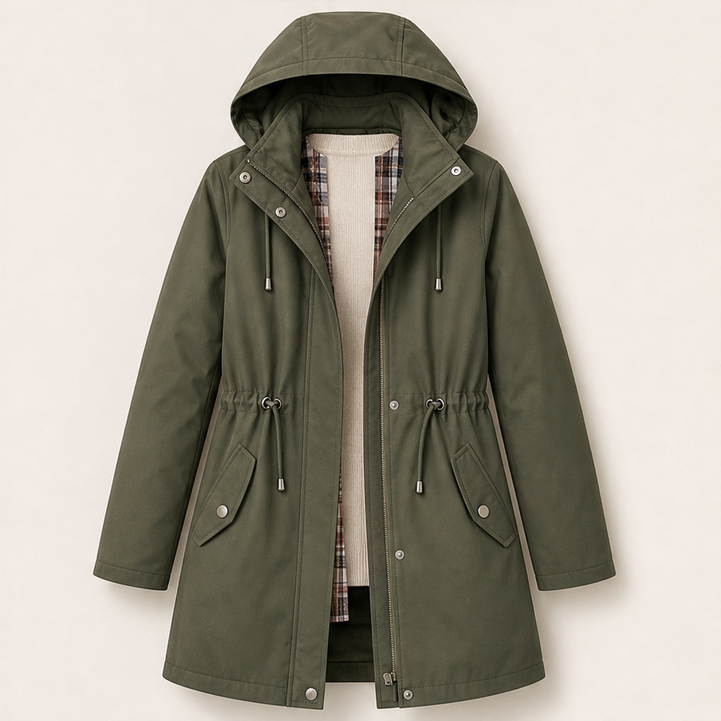 Brita Damen Parka mit abnehmbarer Kapuze, Karofutter und Tunnelzug – Olivgrün