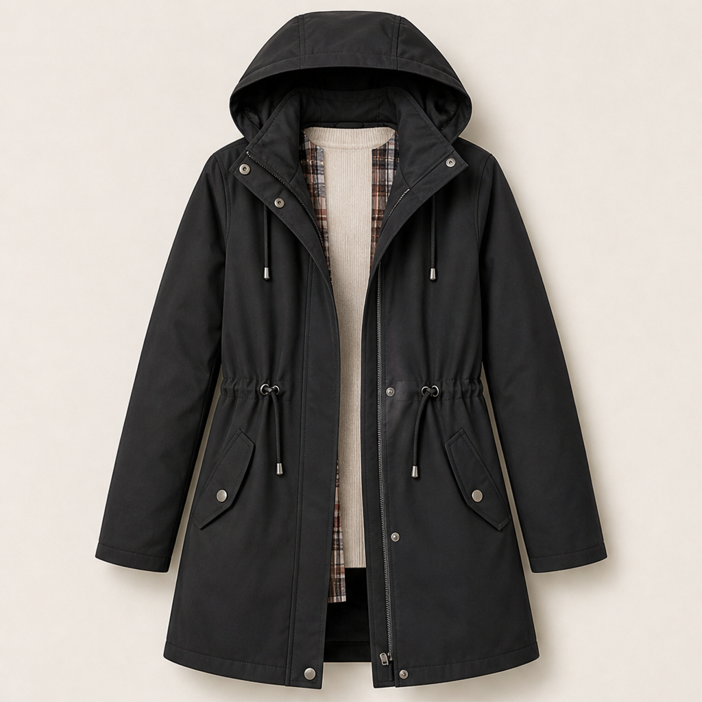Brita Damen Parka mit abnehmbarer Kapuze, Karofutter und Tunnelzug – Schwarz