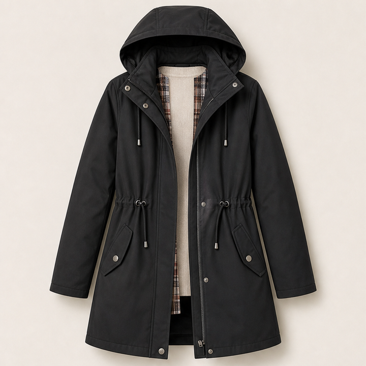 Brita Damen Parka mit abnehmbarer Kapuze, Karofutter und Tunnelzug – Schwarz