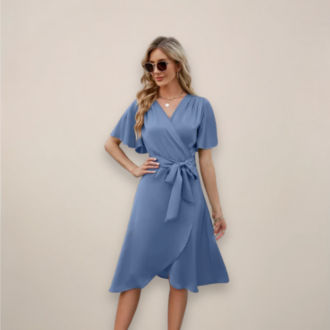 Britta | Damen Elegantes Midi Wickelkleid mit Frontknoten