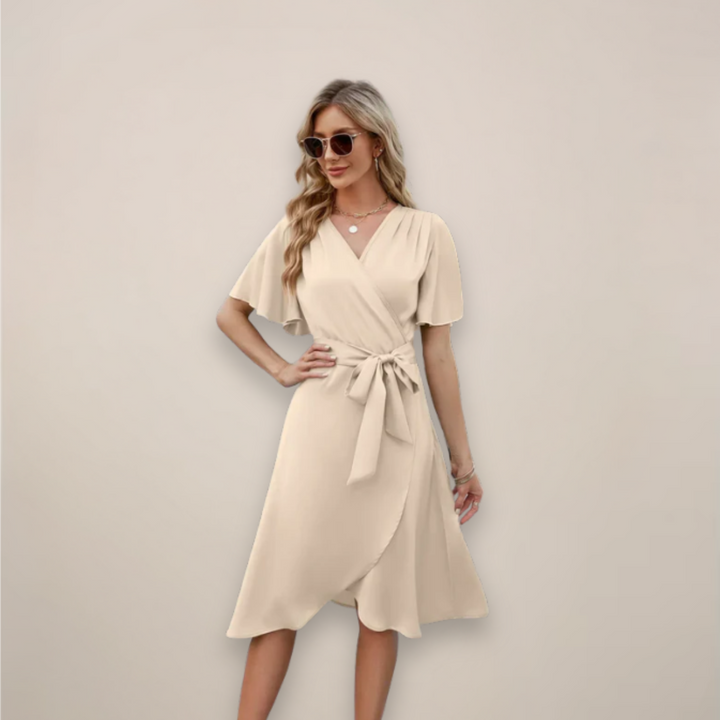 Britta | Damen Elegantes Midi Wickelkleid mit Frontknoten