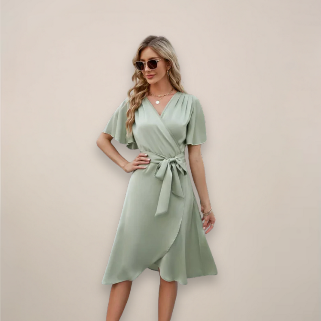 Britta | Damen Elegantes Midi Wickelkleid mit Frontknoten