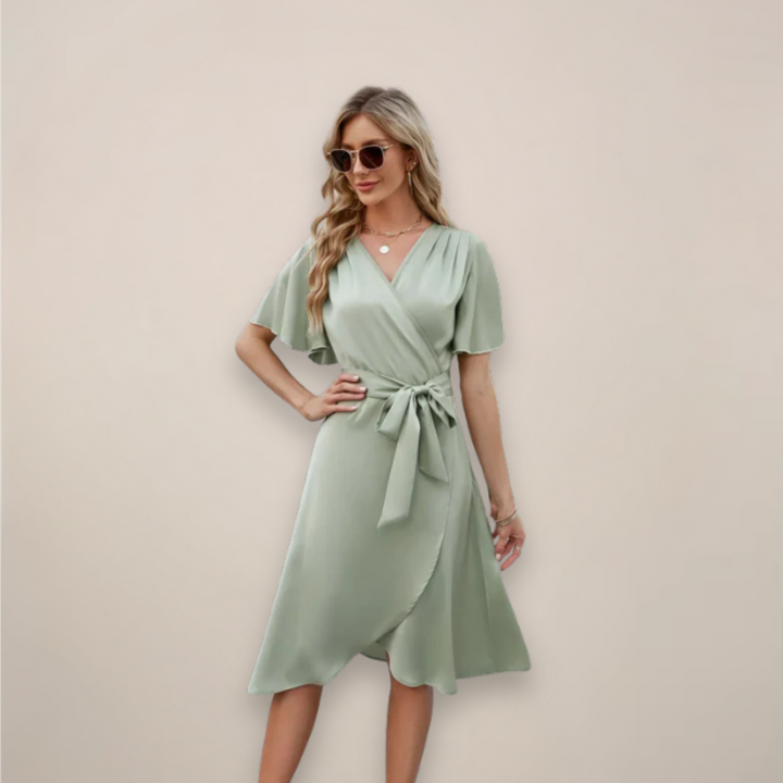 Britta | Damen Elegantes Midi Wickelkleid mit Frontknoten