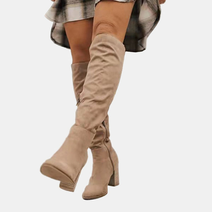 Damen Overknee-Stiefel mit Blockabsatz – Beige