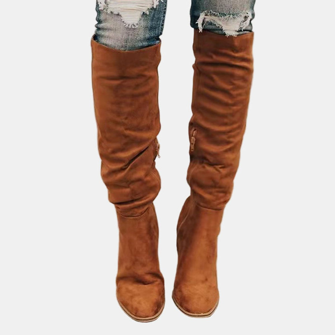 Damen Overknee-Stiefel mit Blockabsatz – Cognac