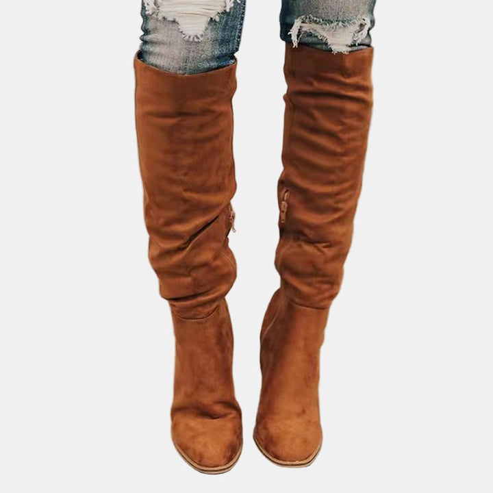 Damen Overknee-Stiefel mit Blockabsatz – Cognac