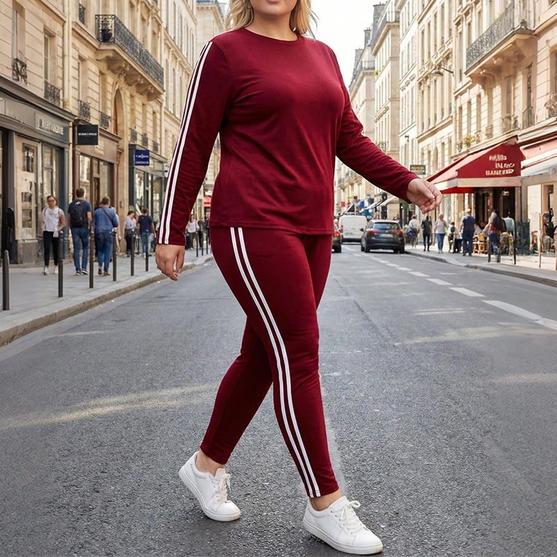 Carla Damen Zweiteiliger Trainingsanzug mit Langarmoberteil und Kontrastbesatz – Bordeaux mit weißem Rand