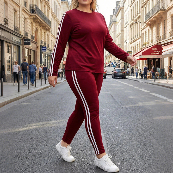 Carla Damen Zweiteiliger Trainingsanzug mit Langarmoberteil und Kontrastbesatz – Bordeaux mit weißem Rand