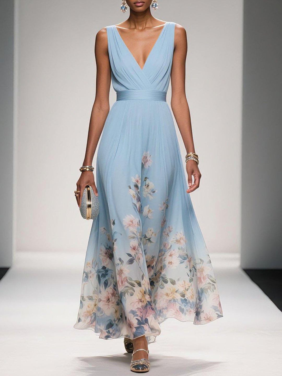 Carolin | Damen Florales Chiffon Maxikleid