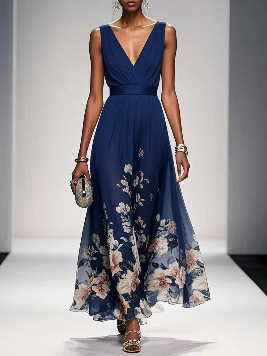 Carolin | Damen Florales Chiffon Maxikleid