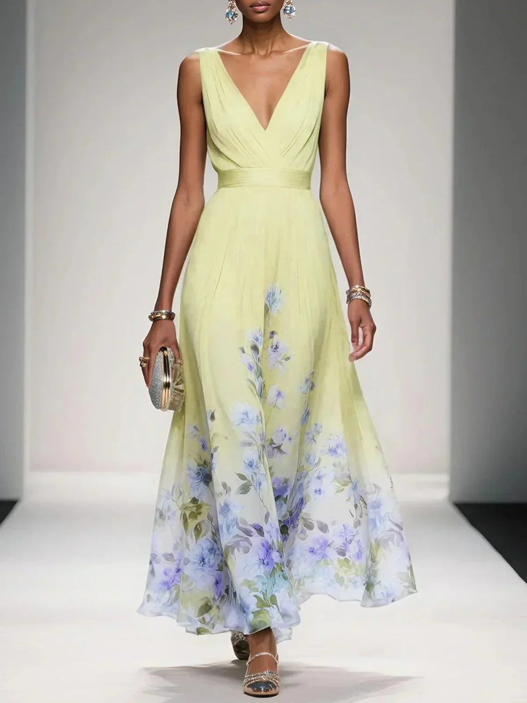 Carolin | Damen Florales Chiffon Maxikleid