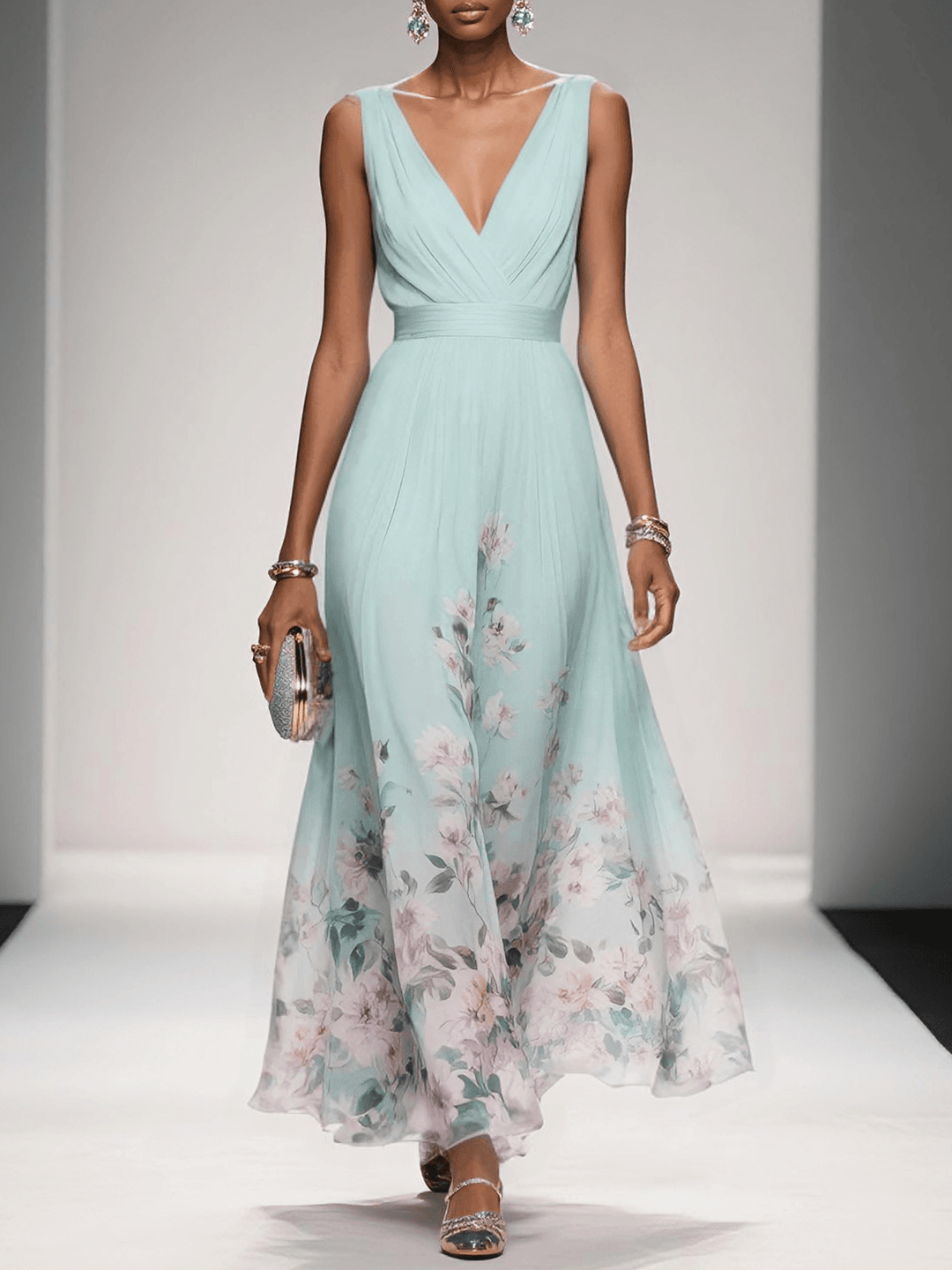 Carolin | Damen Florales Chiffon Maxikleid