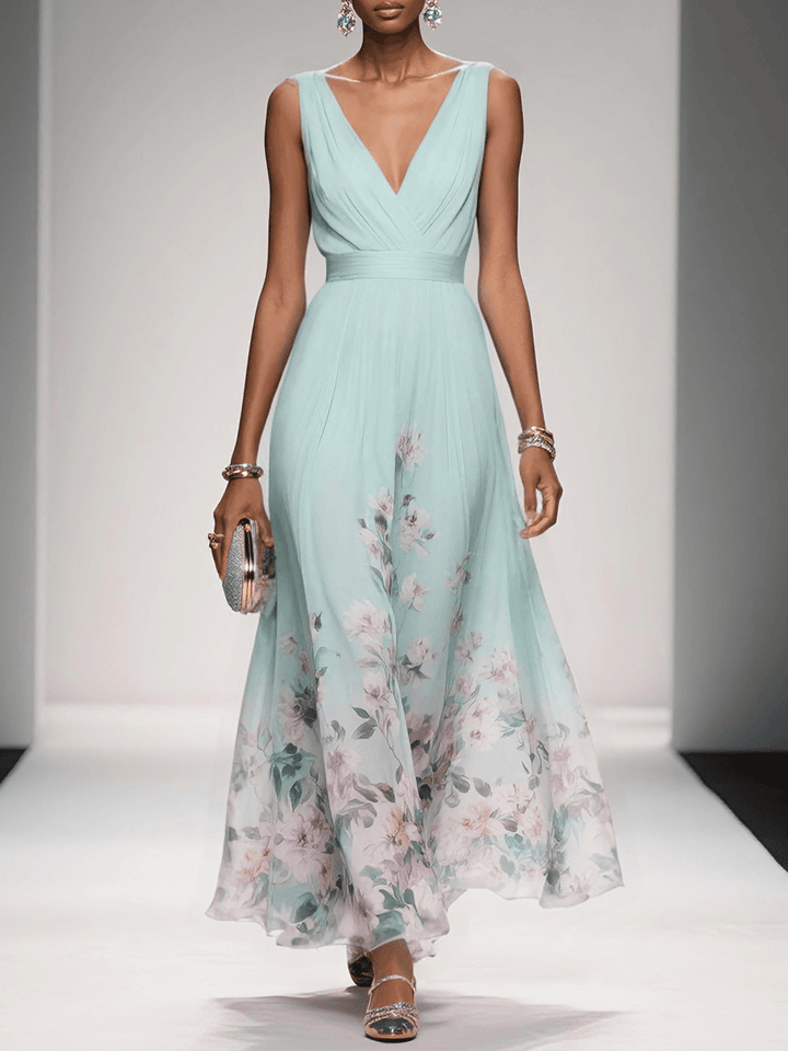 Carolin | Damen Florales Chiffon Maxikleid