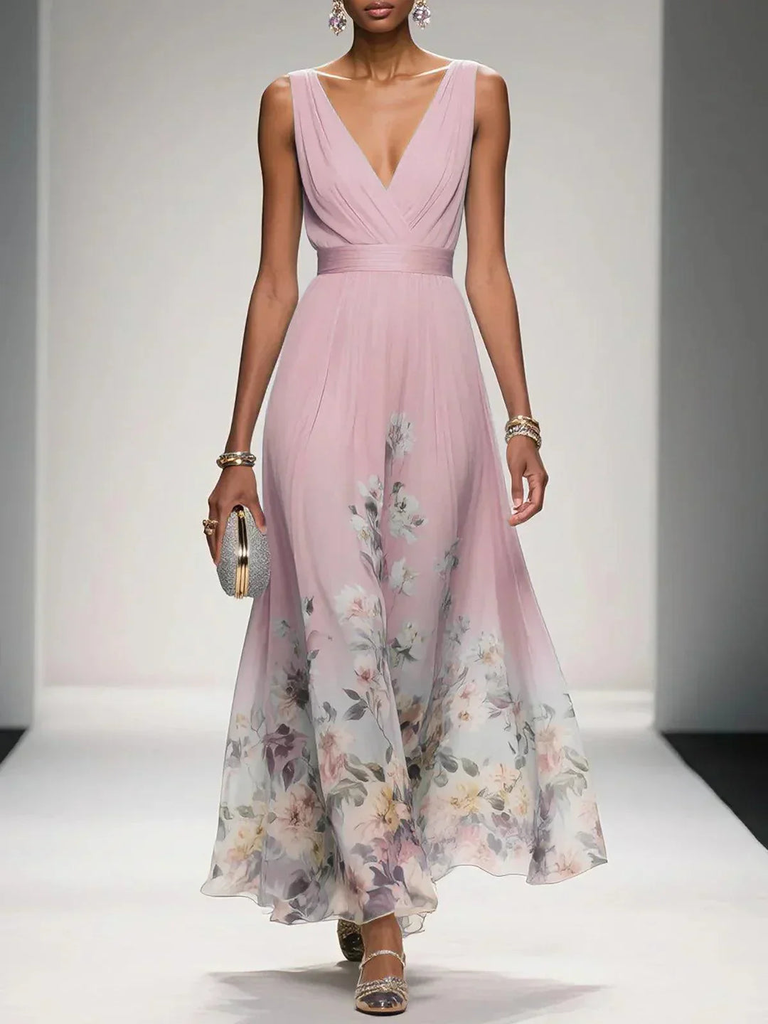 Carolin | Damen Florales Chiffon Maxikleid