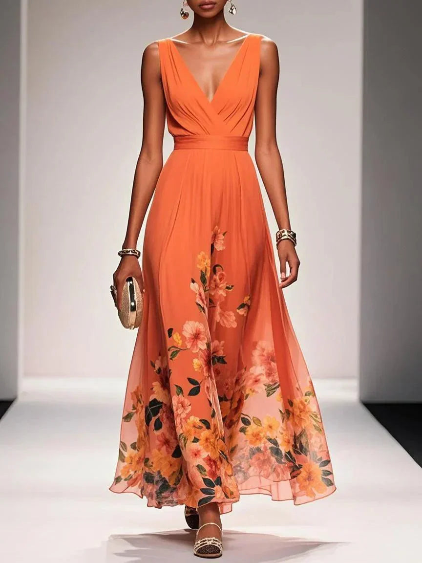 Carolin | Damen Florales Chiffon Maxikleid