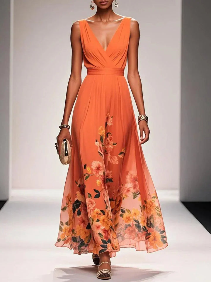 Carolin | Damen Florales Chiffon Maxikleid