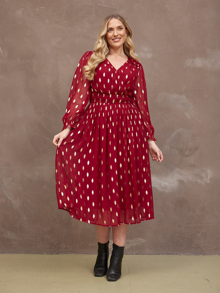 Clara Damen Midi-Wickelkleid mit Jacquardmuster und Blusenärmeln