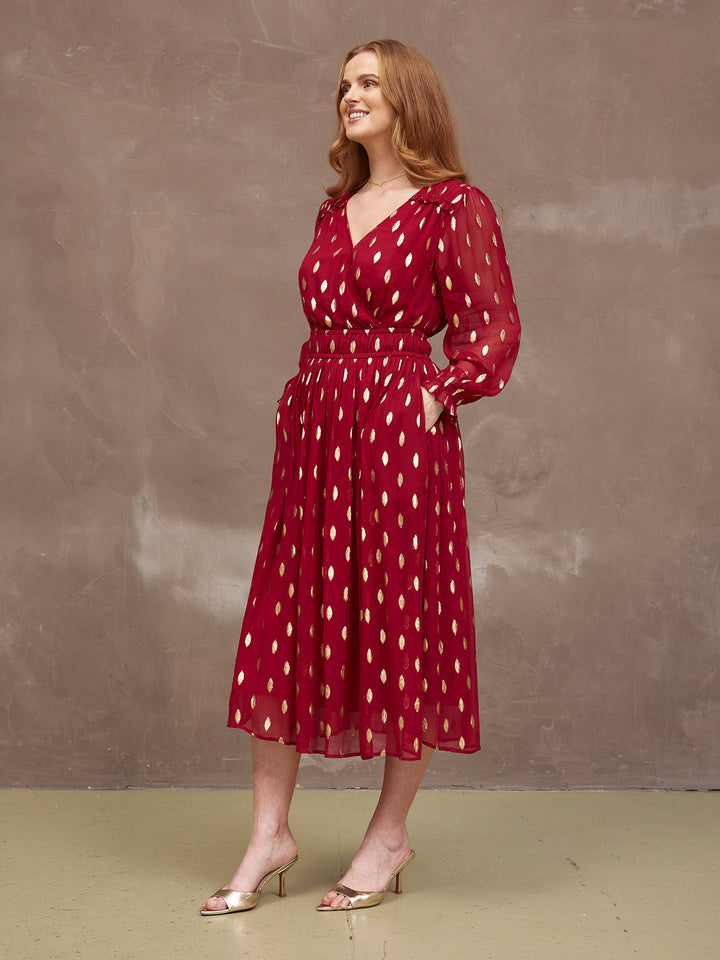 Clara Damen Midi-Wickelkleid mit Jacquardmuster und Blusenärmeln