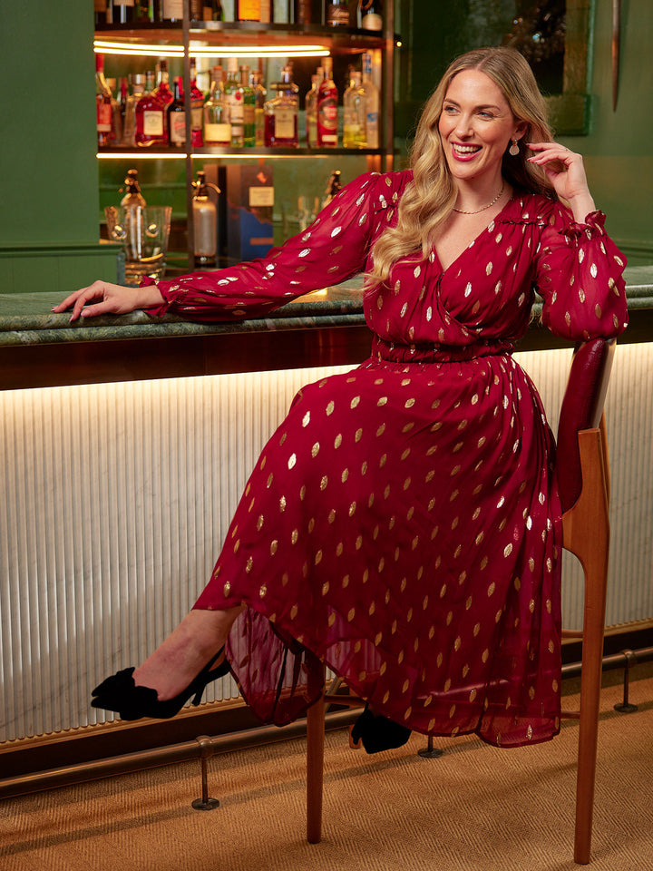 Clara Damen Midi-Wickelkleid mit Jacquardmuster und Blusenärmeln