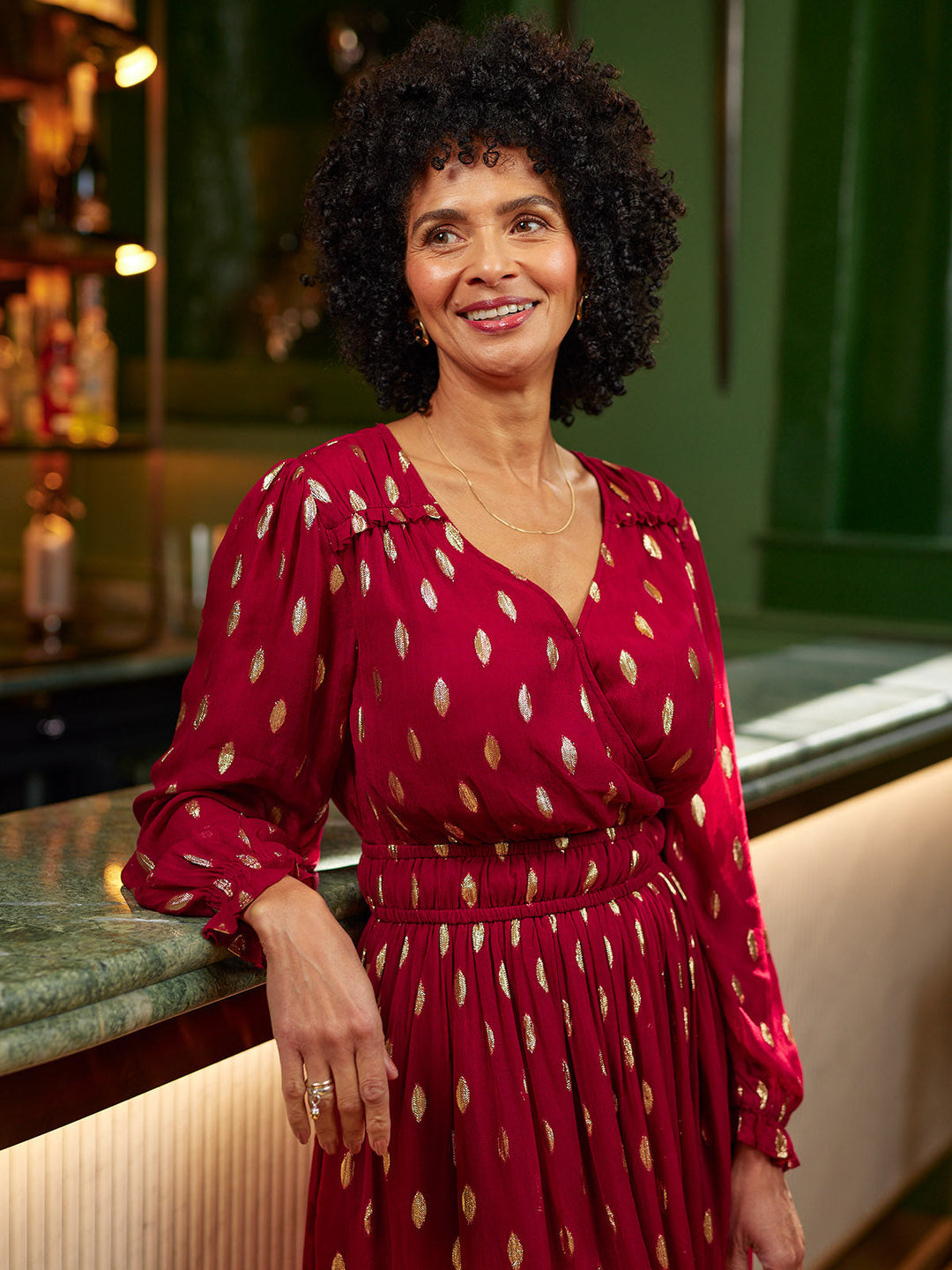 Clara Damen Midi-Wickelkleid mit Jacquardmuster und Blusenärmeln