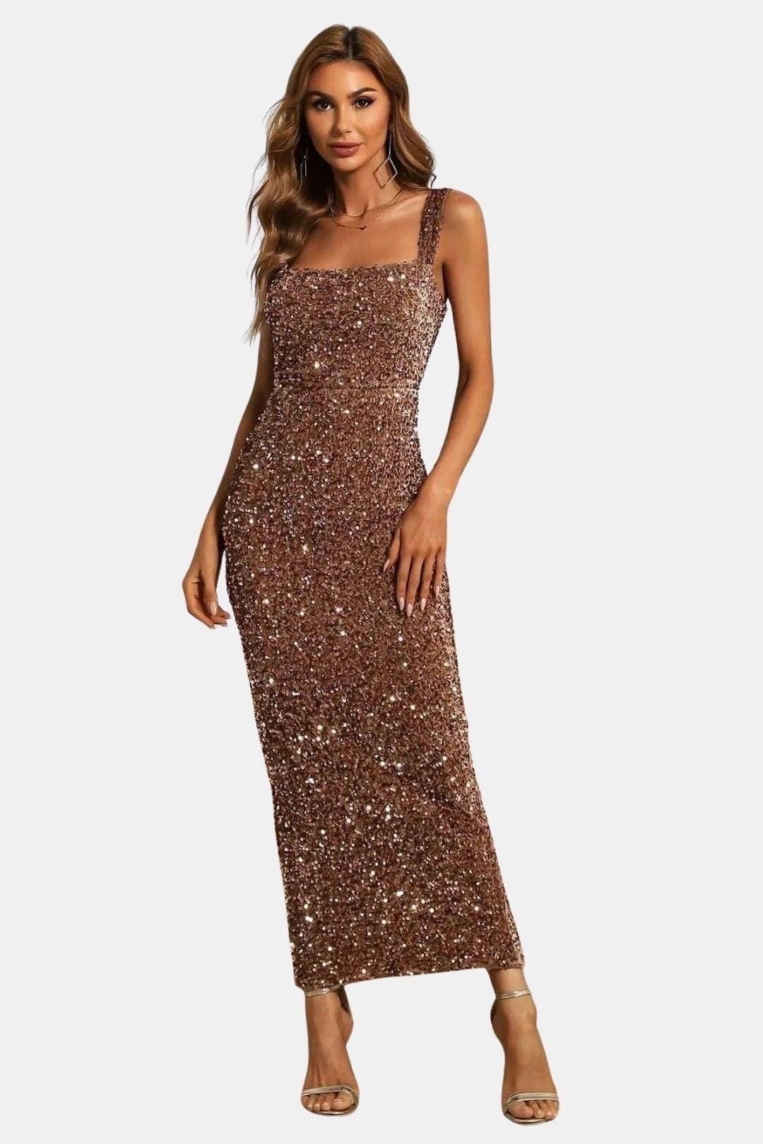 Cocktailkleid Damen Maxi mit Eckigem Ausschnitt Breiten Traegern und Pailletten