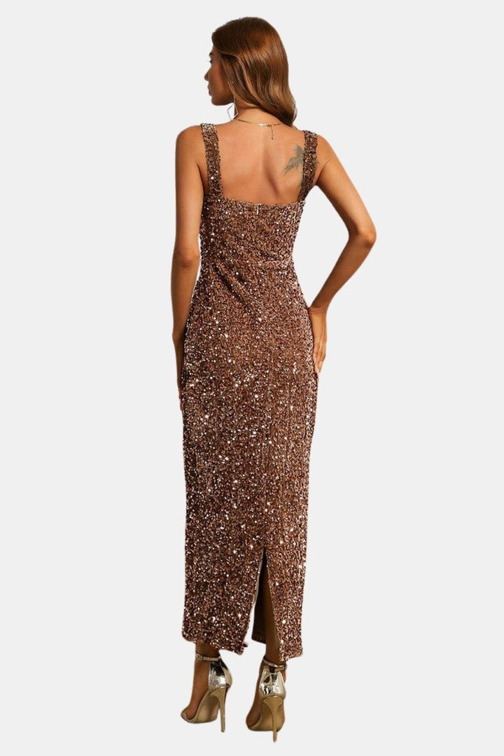 Cocktailkleid Damen Maxi mit Eckigem Ausschnitt Breiten Traegern und Pailletten