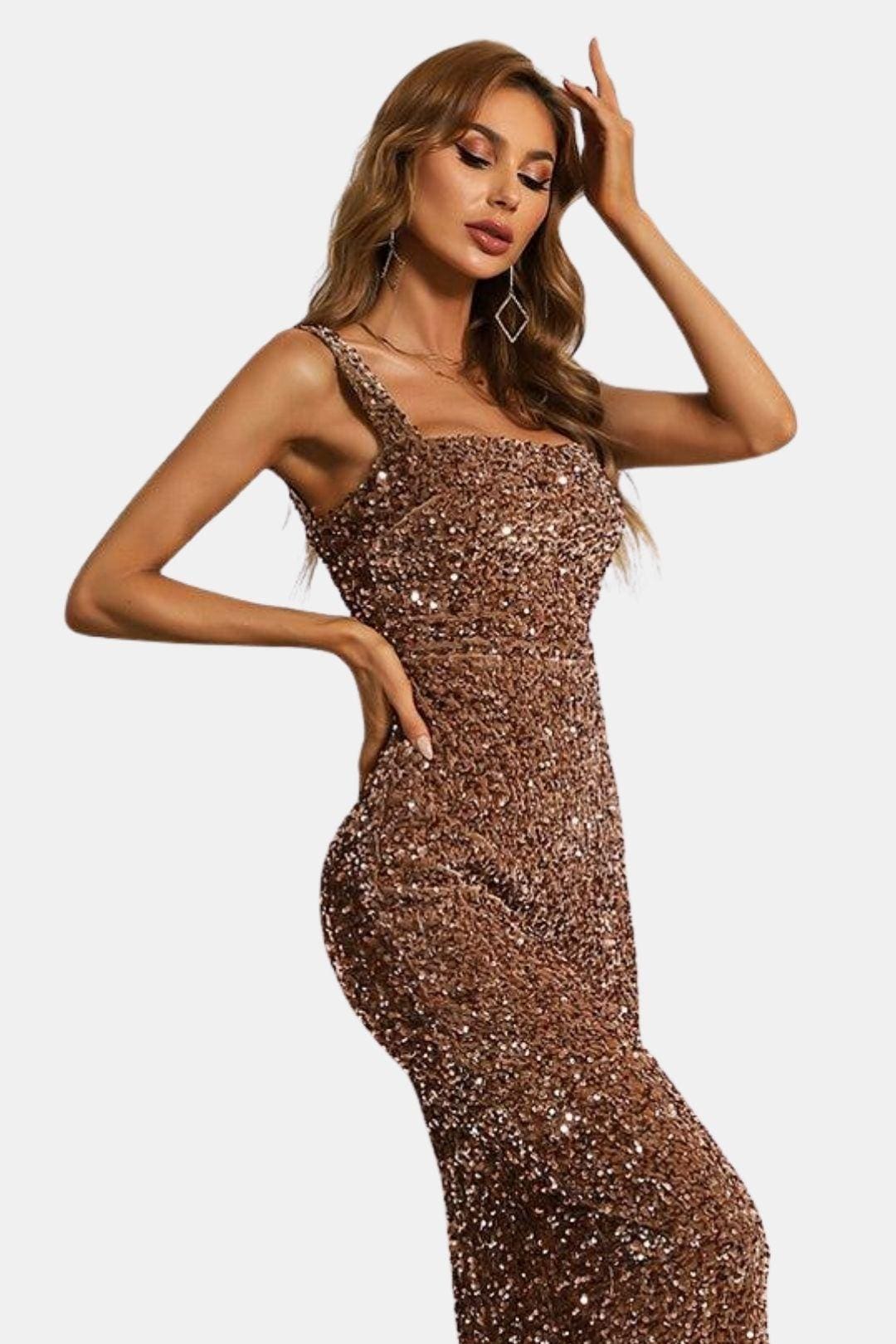 Cocktailkleid Damen Maxi mit Eckigem Ausschnitt Breiten Traegern und Pailletten