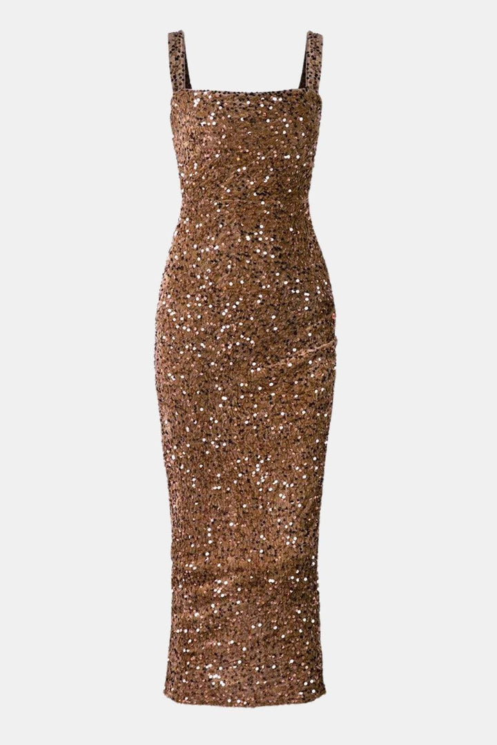 Cocktailkleid Damen Maxi mit Eckigem Ausschnitt Breiten Traegern und Pailletten