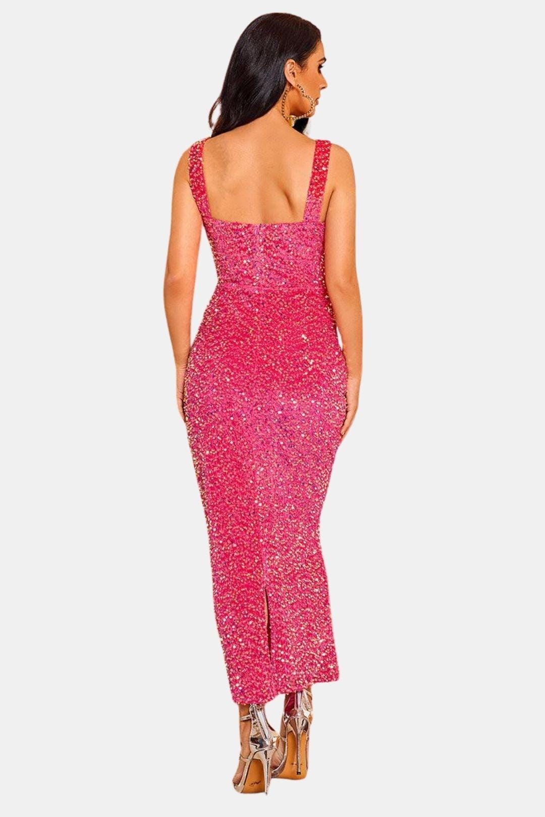 Cocktailkleid Damen Maxi mit Eckigem Ausschnitt Breiten Traegern und Pailletten