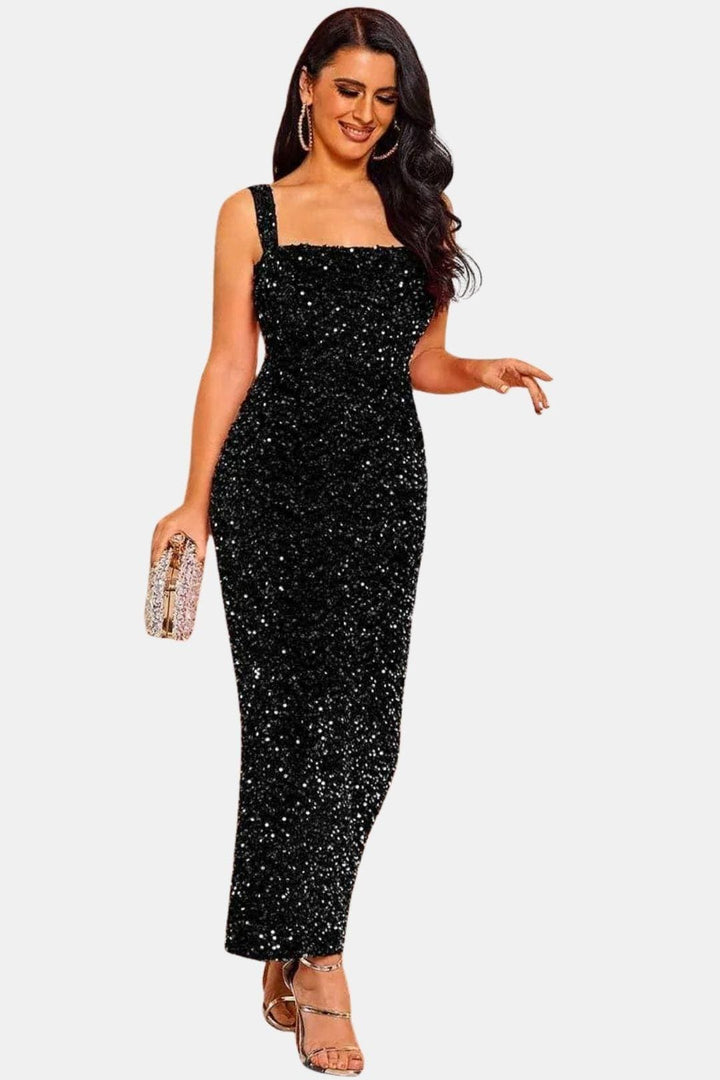 Cocktailkleid Damen Maxi mit Eckigem Ausschnitt Breiten Traegern und Pailletten