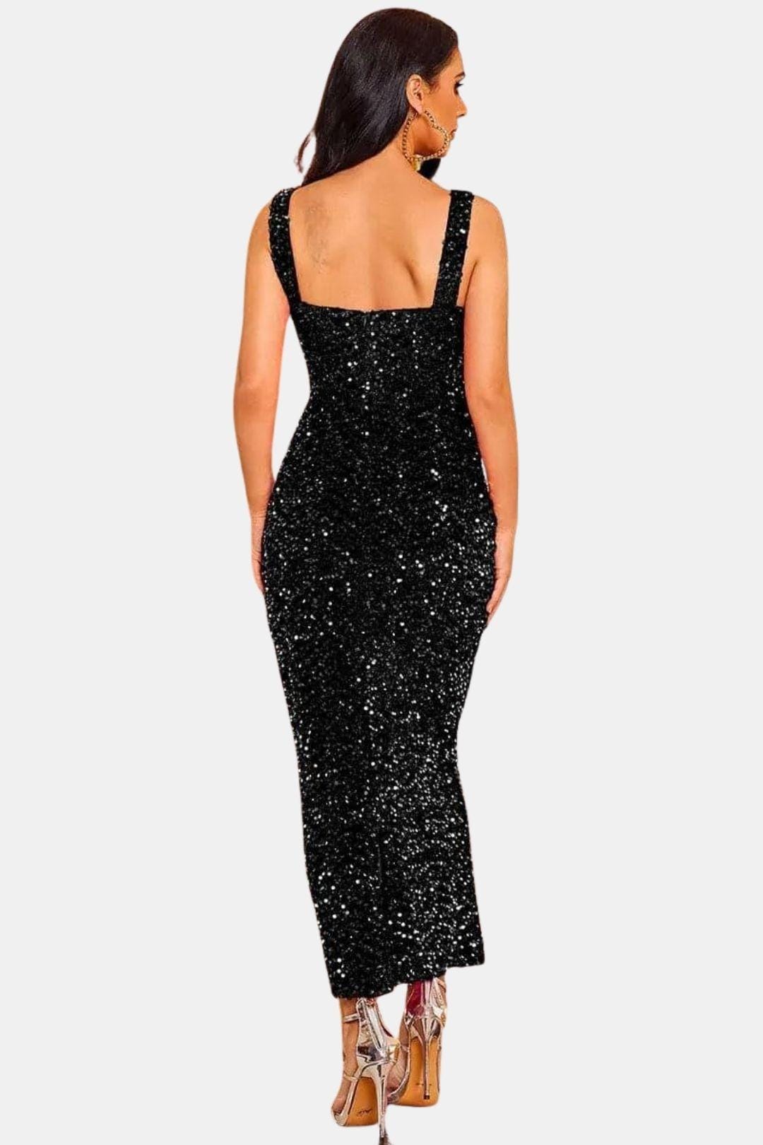 Cocktailkleid Damen Maxi mit Eckigem Ausschnitt Breiten Traegern und Pailletten