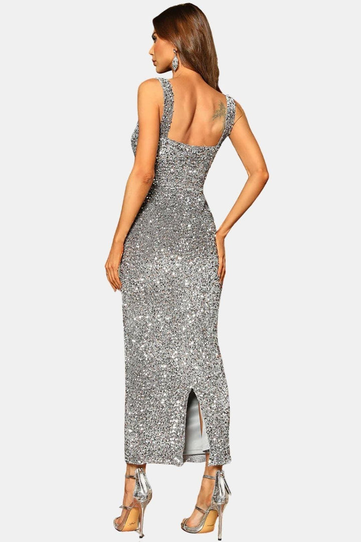 Cocktailkleid Damen Maxi mit Eckigem Ausschnitt Breiten Traegern und Pailletten