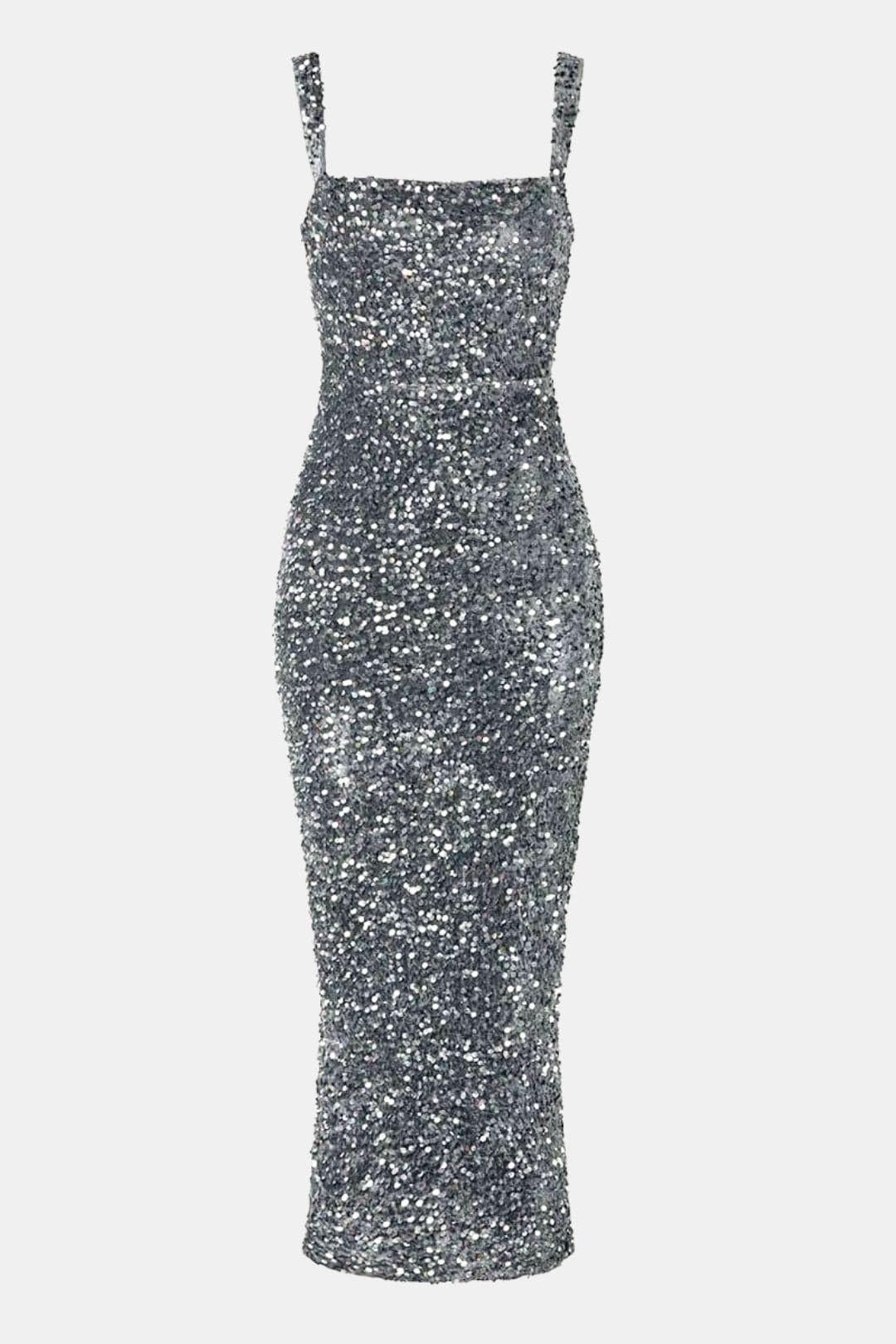 Cocktailkleid Damen Maxi mit Eckigem Ausschnitt Breiten Traegern und Pailletten