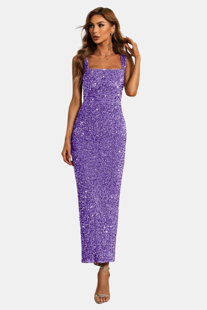 Cocktailkleid Damen Maxi mit Eckigem Ausschnitt Breiten Traegern und Pailletten