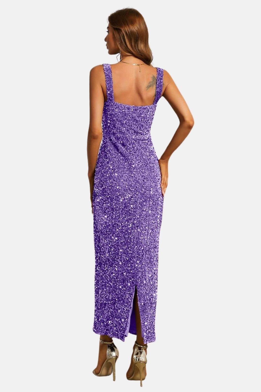 Cocktailkleid Damen Maxi mit Eckigem Ausschnitt Breiten Traegern und Pailletten