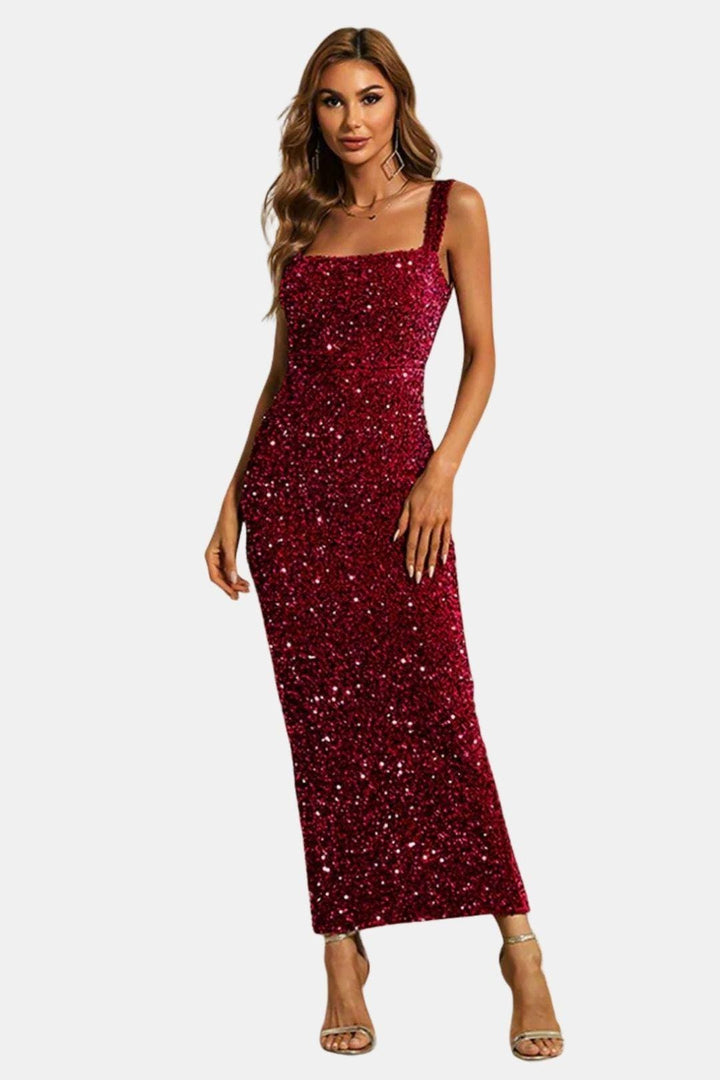 Cocktailkleid Damen Maxi mit Eckigem Ausschnitt Breiten Traegern und Pailletten