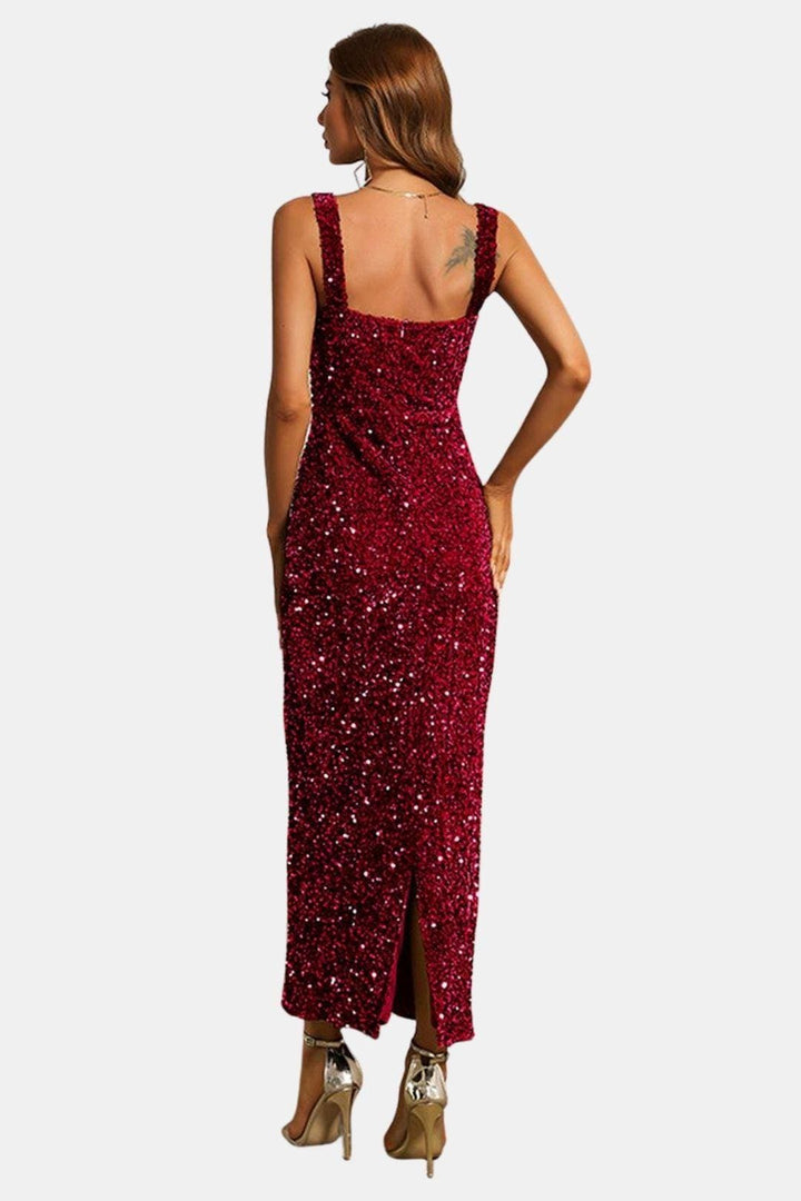 Cocktailkleid Damen Maxi mit Eckigem Ausschnitt Breiten Traegern und Pailletten
