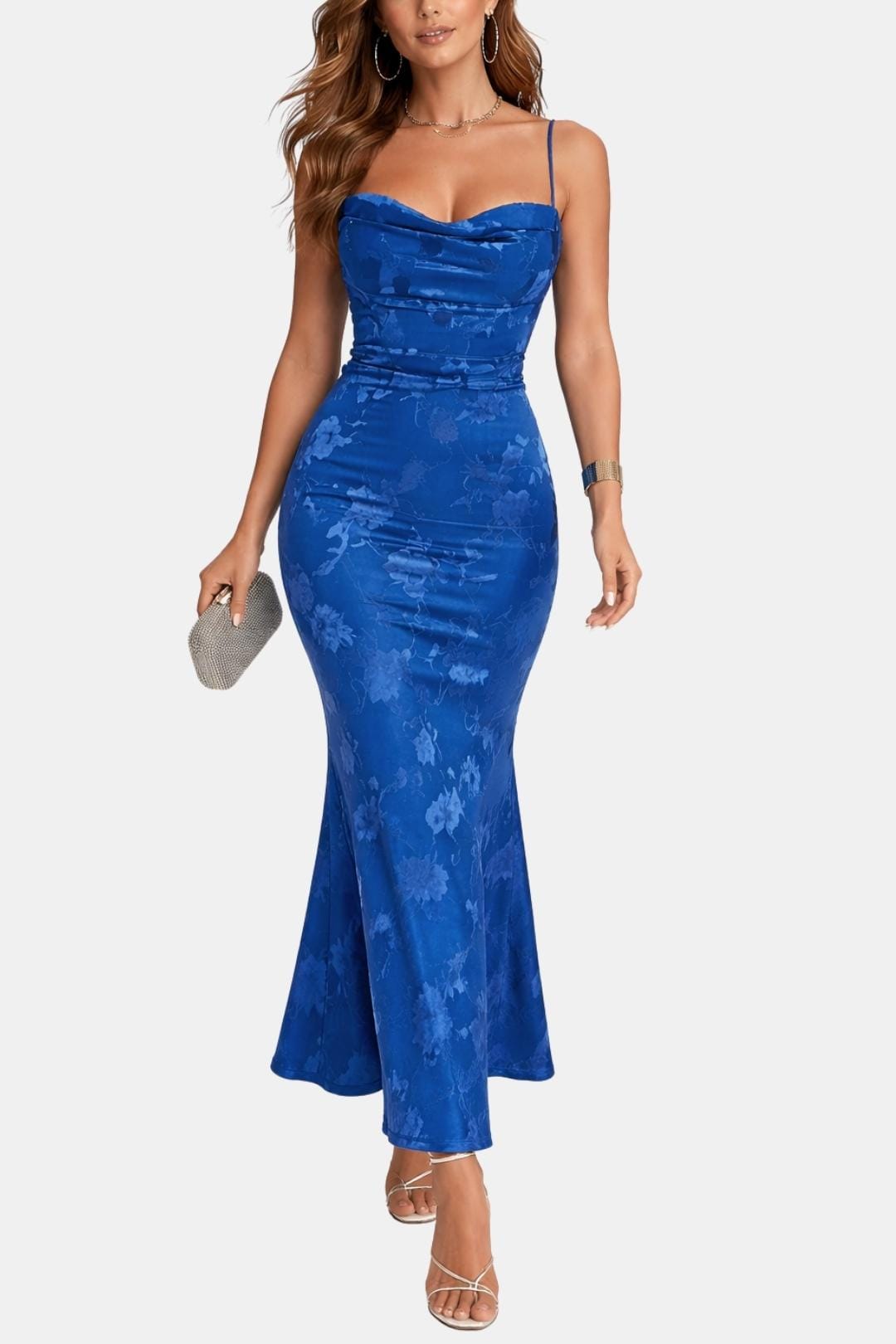 Cocktailkleid Damen Maxi mit Wasserfallausschnitt Spaghettraegern und floralem Muster