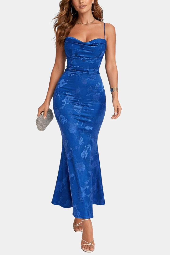 Cocktailkleid Damen Maxi mit Wasserfallausschnitt Spaghettraegern und floralem Muster