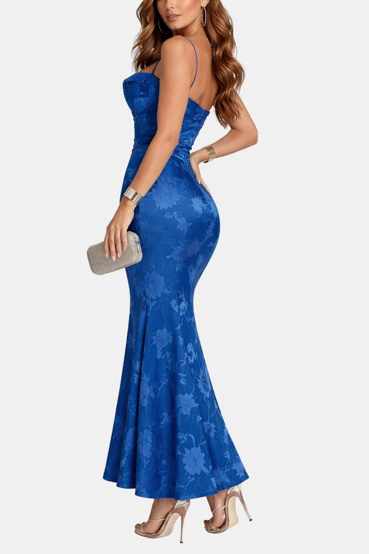 Cocktailkleid Damen Maxi mit Wasserfallausschnitt Spaghettraegern und floralem Muster