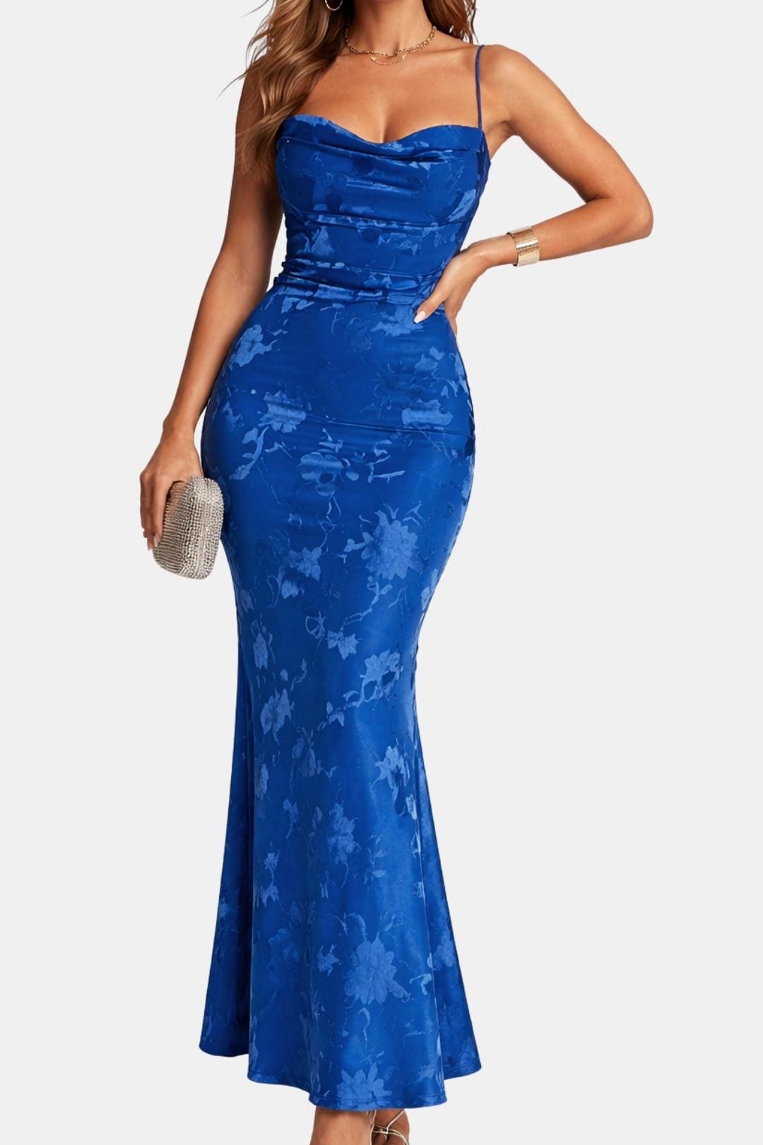 Cocktailkleid Damen Maxi mit Wasserfallausschnitt Spaghettraegern und floralem Muster