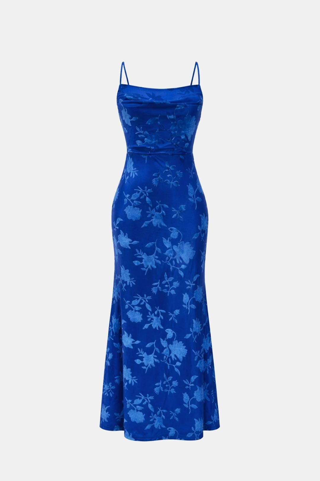 Cocktailkleid Damen Maxi mit Wasserfallausschnitt Spaghettraegern und floralem Muster