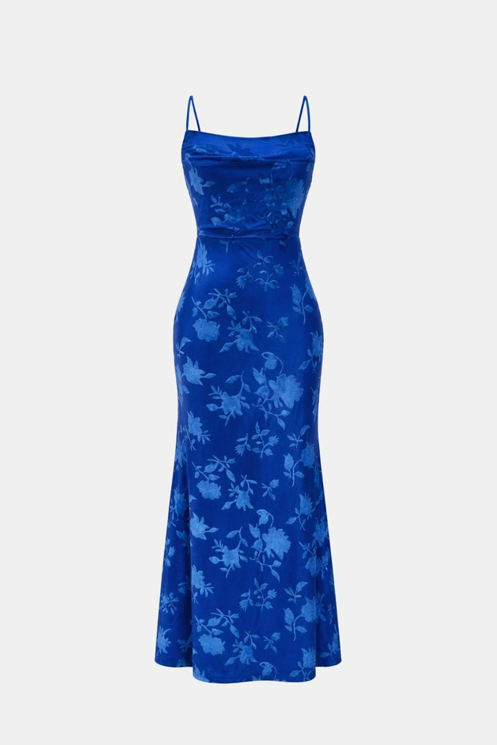Cocktailkleid Damen Maxi mit Wasserfallausschnitt Spaghettraegern und floralem Muster