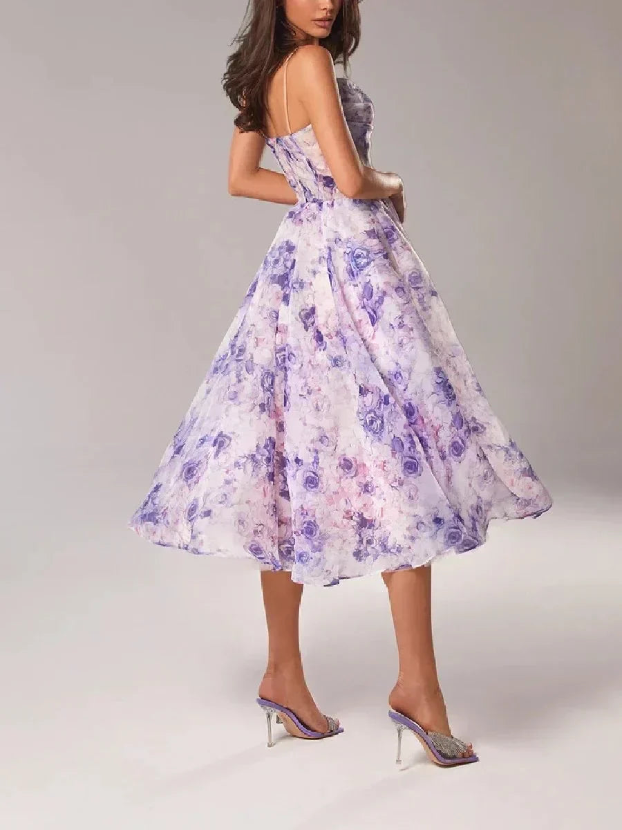 Cocktailkleid Damen Midi mit Bandeau-Ausschnitt und Spaghettiträgern und Blumenprint