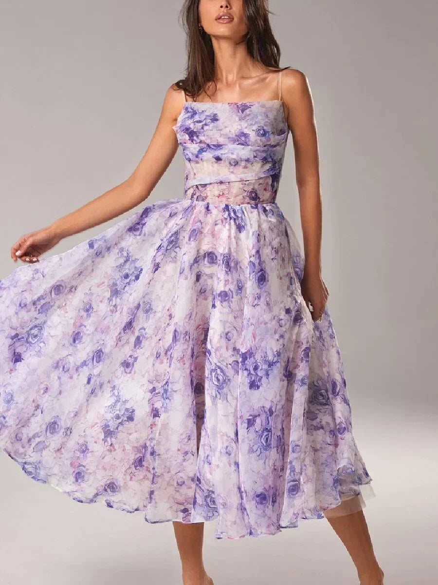 Cocktailkleid Damen Midi mit Bandeau-Ausschnitt und Spaghettiträgern und Blumenprint